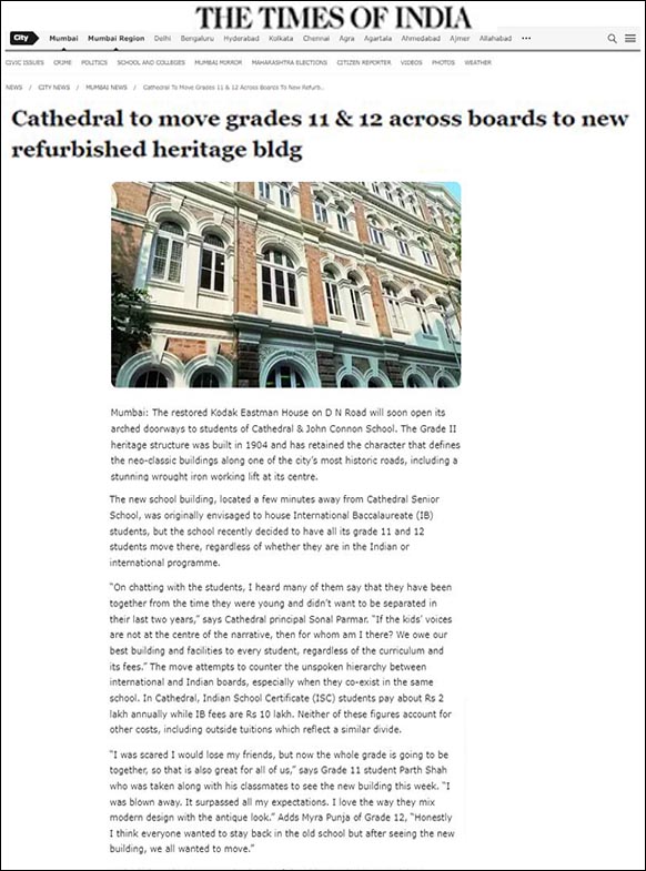 Cathedral to move grades 11 & 12 across boards to new refurbished heritage building - The Times of India